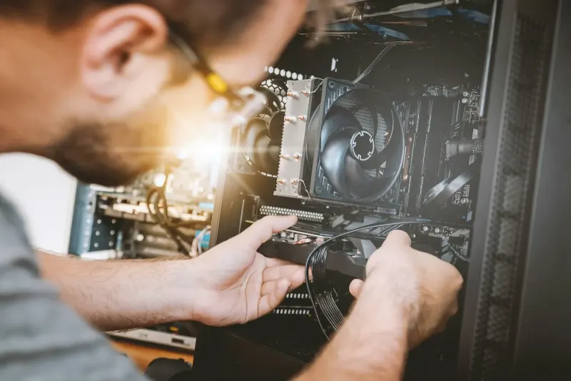 Person installing a graphics card into a computer